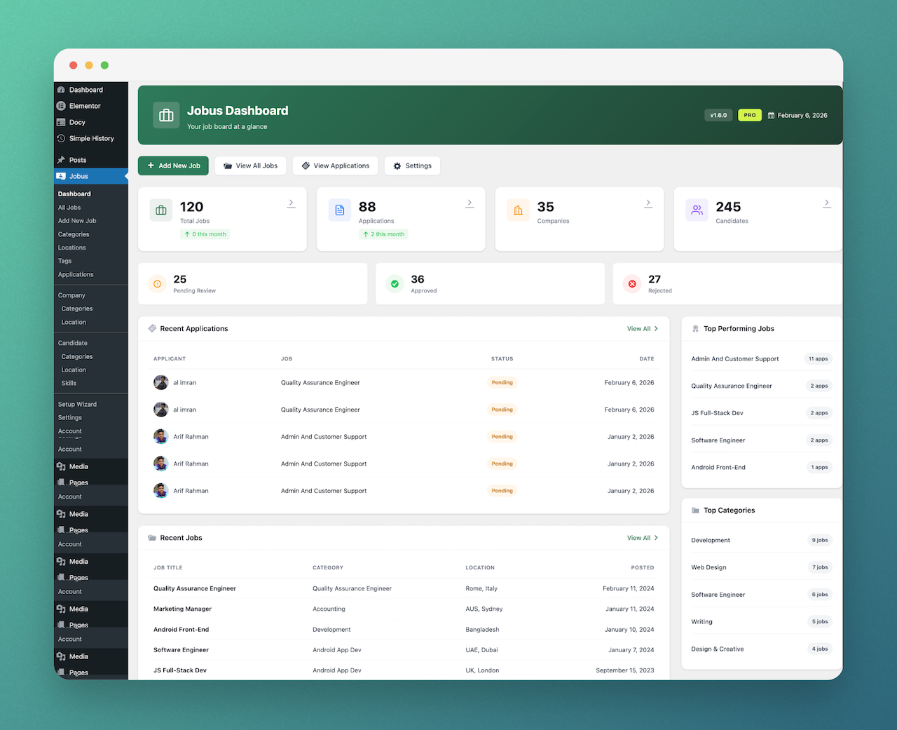 Jobus dashboard to manage jobs applications and candidates